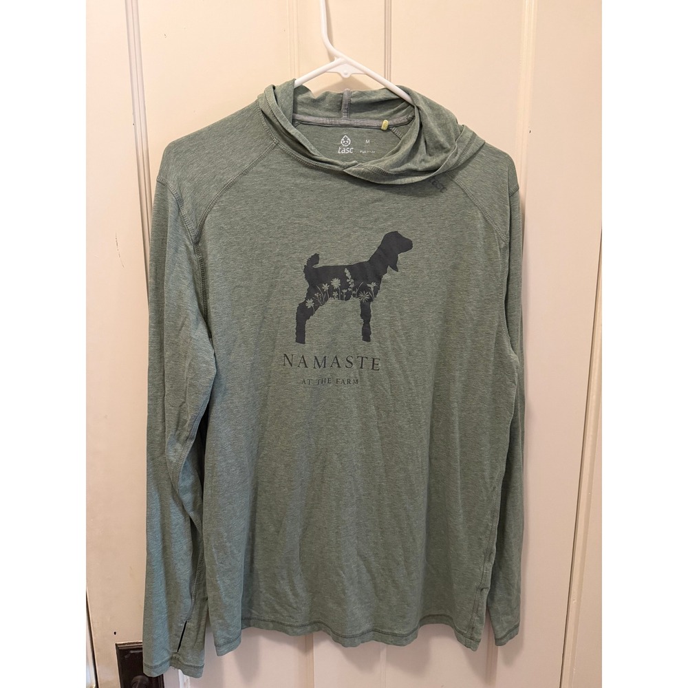 tasc Performance Namaste at the Farm Goat Graphic Hoodie Sage Green Mens Medium